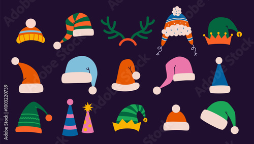 Christmas and New Year decorations, Santa Claus hats, funny elf caps, deer horns, carnival party hat. Bright, colorful art. Trendy modern vector illustration, hand drawn, flat design