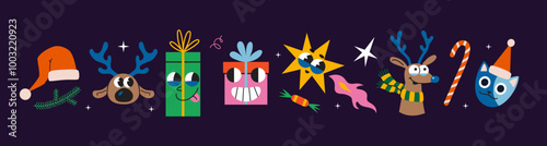 Christmas attributes, vintage groovy characters, Santa hat, gifts, reindeer, cat and decorative elements. Trendy modern vector illustration on dark background, hand drawn, flat design