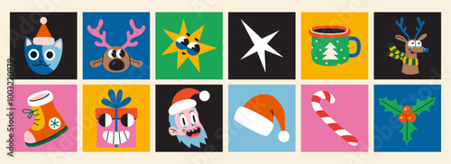 Set with Christmas attributes, Santa Claus, reindeer, gifts, holly and cat. Square colorful icons, stickers collection in vibrant colors. Trendy modern vector illustration, hand drawn, flat design