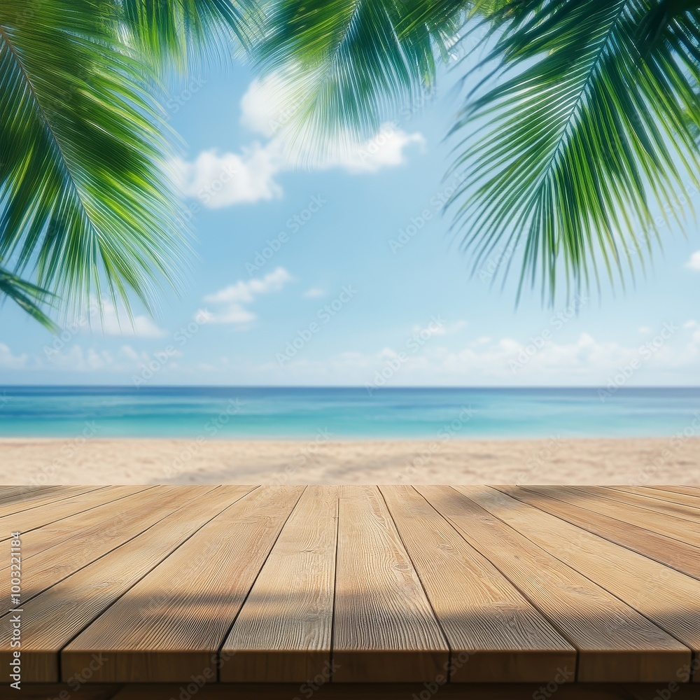 Wood table top on blur tropical beach background - can be used for display or montage your products Wood table top on blur tropical beach background - can be used for display or montage your products