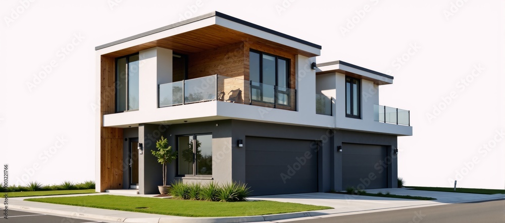 A 3D rendered modern home showcases a gray-and-wood exterior with large windows and a parking spot bathed in daylight set against an isolated backdrop of white A 3D rendered modern home showcases a gray-and-wood exterior with large windows and a parking spot bathed in daylight set against an isolated backdrop of white