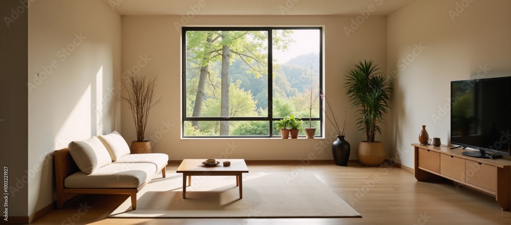 Fototapeta premium Modern minimalist isometric living room with open spaces sleek furniture and ample natural light for an airy calming vibe Muji-style