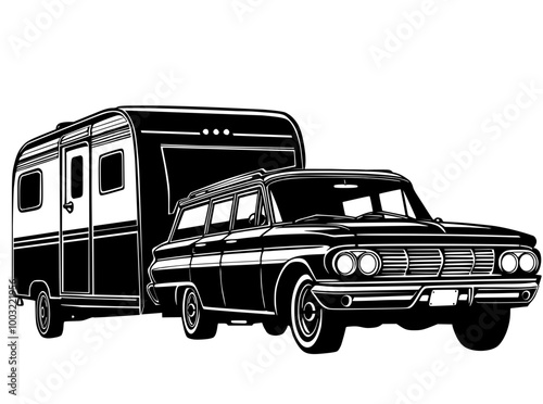 Classic car towing camper caravan 