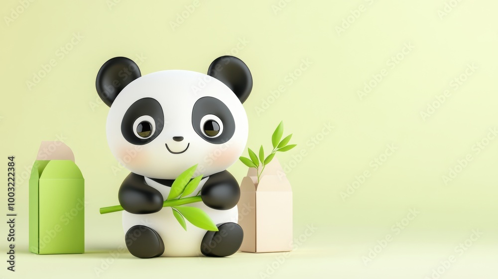 Cute Panda with Bamboo on Soft Green Background Cute Panda with Bamboo on Soft Green Background