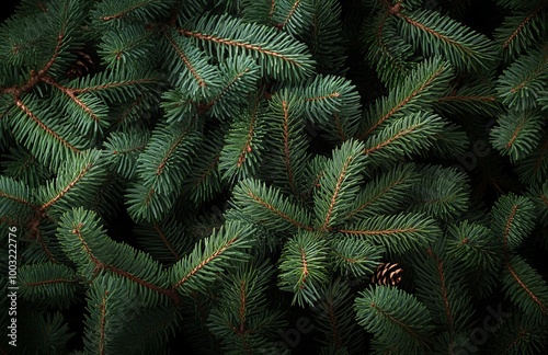 An image of a green fir tree brunch close up with copy space. Dark-toned design with 1920's vintage style for seasonal quotes. A natural winter holiday forest background.