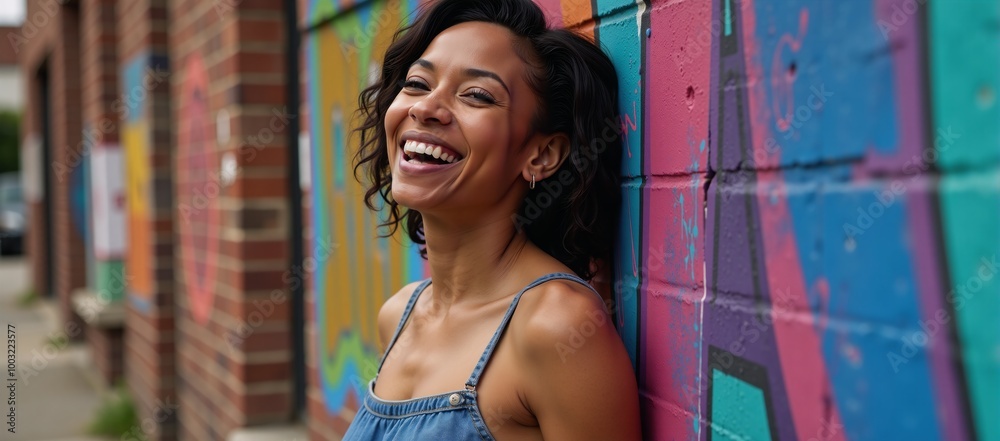 Naklejka premium A lively urban street art portrait showcasing an expressive African-American woman full of confidence and positivity while she laughs