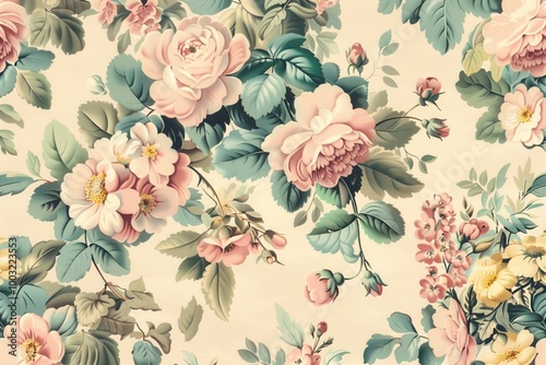 A floral patterned wallpaper with pink and green flowers