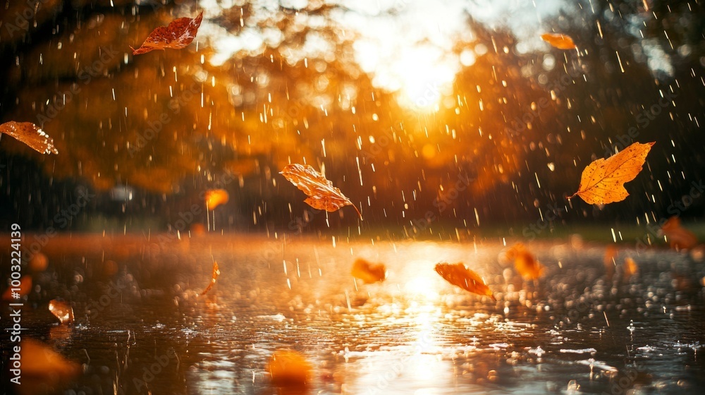 A beautiful park in October with autumn rain drops splashing in the forest background.
