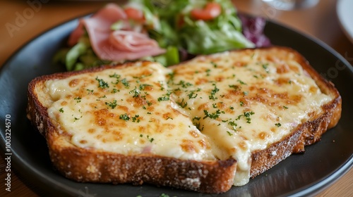 Cheese and ham toast with a side salad