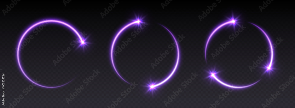 Naklejka premium Glowing purple shooting star circles with sparkles, light frames, stars in circular motion, abstract shiny rings with particles. Vector illustration.