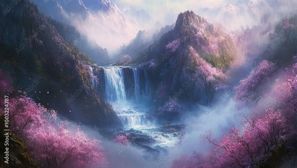 A Japanese landscape background with traditional sumi-e painting style, copy space, and a wallpaper generated with stock A Japanese landscape background with traditional sumi-e painting style, copy space, and a wallpaper generated with stock
