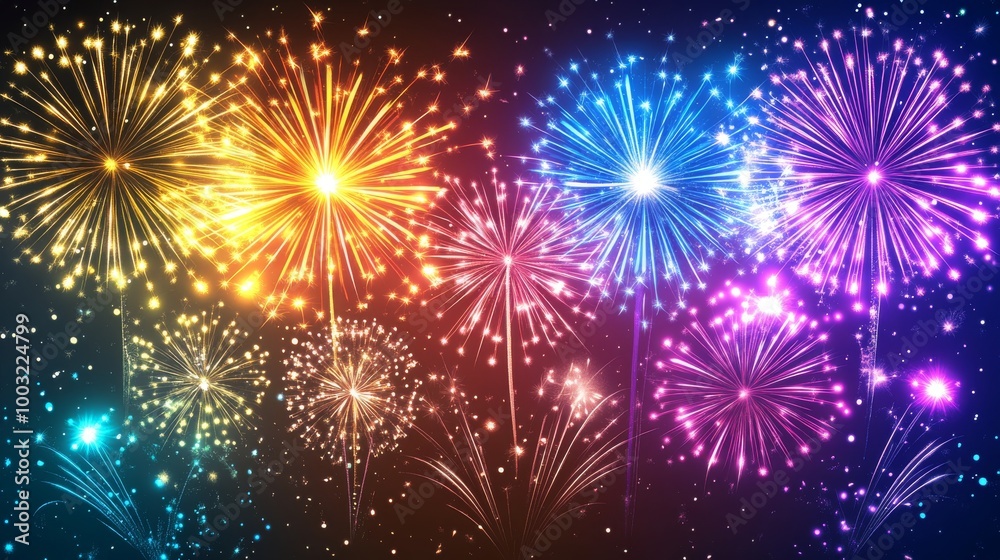 Naklejka premium Beautiful fireworks light up the city at night, making a colorful and joyful show. They're perfect for holidays, celebrations, and special events.