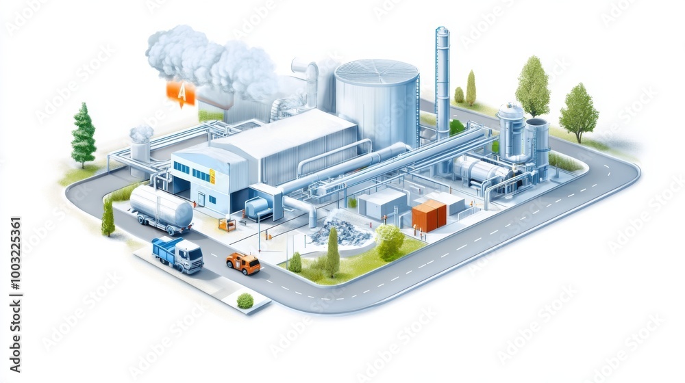 Industrial Facility with Smokestacks and Machinery Industrial Facility with Smokestacks and Machinery