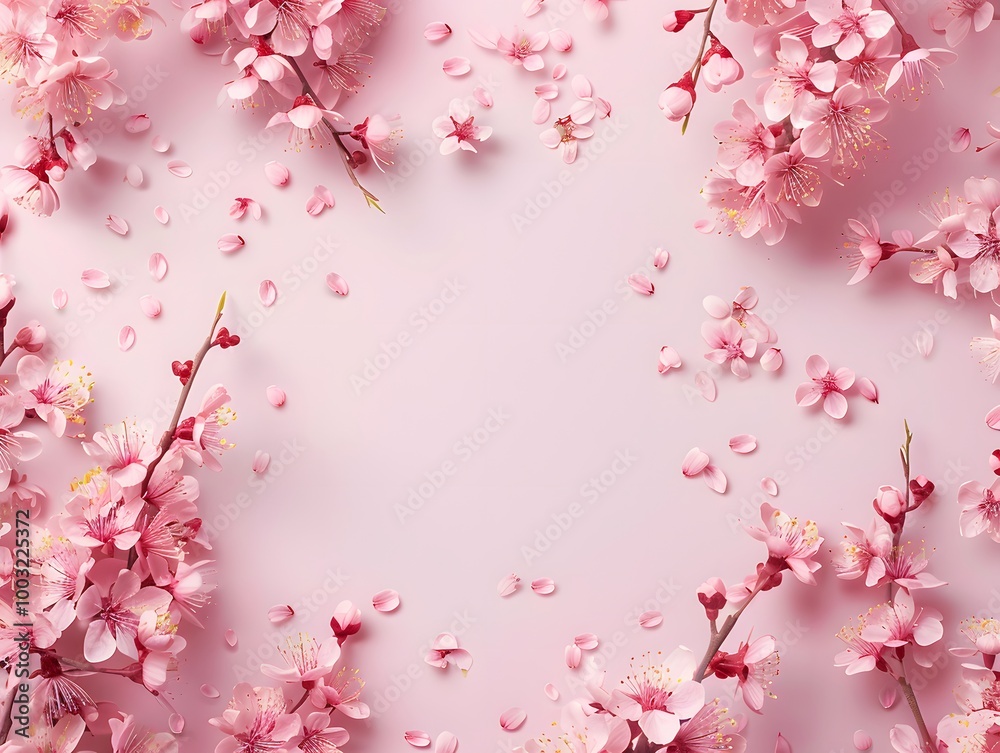 Fototapeta premium Cherry blossom on light pink background.