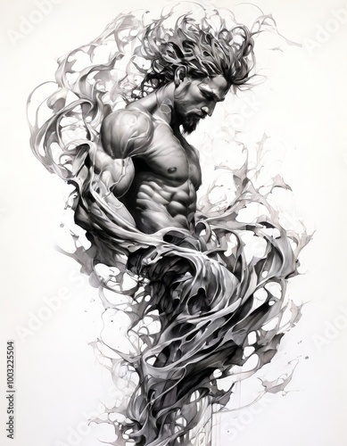 A striking black-and-white depiction of a muscular man with swirling abstract elements wrapping around his body. The dynamic flow of lines contrasts with the solid, sculpted physique, creating a