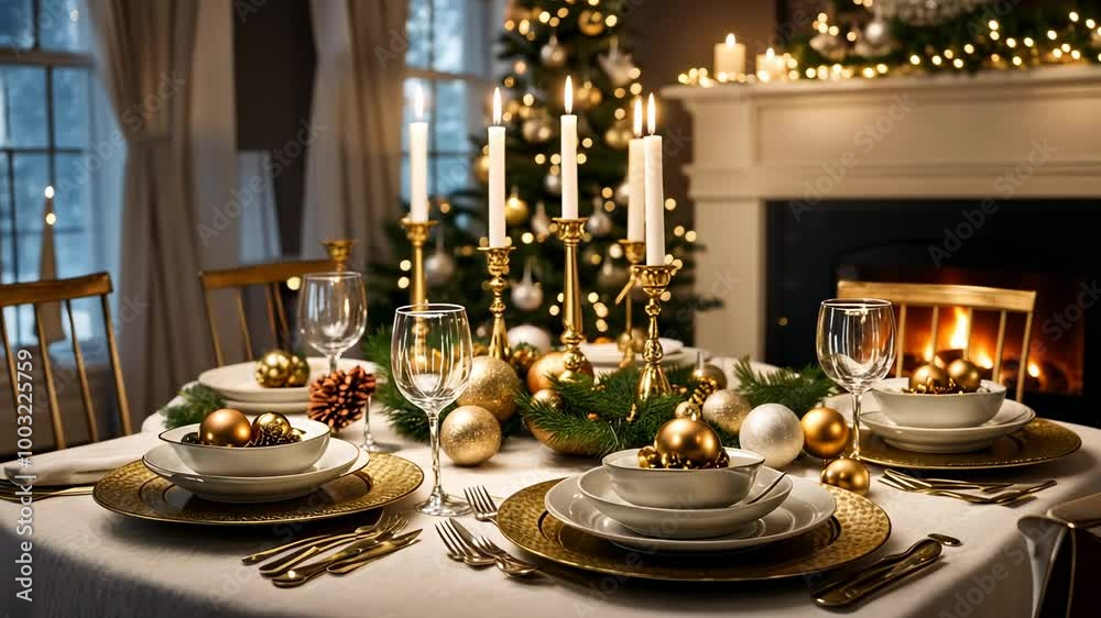 Cozy holiday dinner scene set with elegant tableware, warm lighting, and festive decorations. Cozy holiday dinner scene set with elegant tableware, warm lighting, and festive decorations.