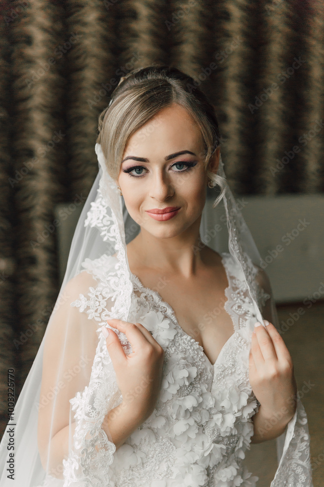 A woman in a wedding dress is posing for a picture with a veil. She has a smile on her face and is looking directly at the camera A woman in a wedding dress is posing for a picture with a veil. She has a smile on her face and is looking directly at the camera