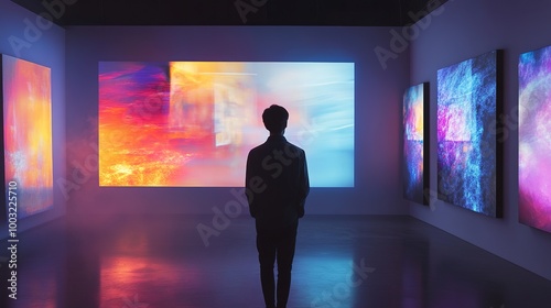 A futuristic digital art frame with smart technology, allowing users to switch between different artworks at the touch of a button