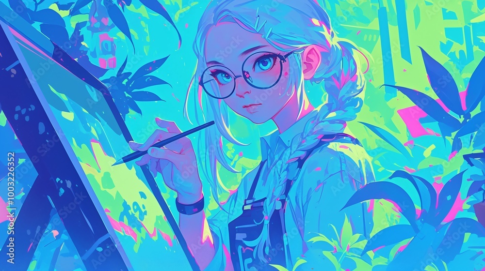 Anime Girl Artist with Blue and Green Background Anime Girl Artist with Blue and Green Background