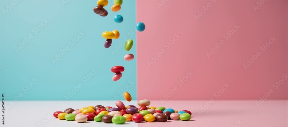 Vibrant candy rain in a pastel-toned scene with dynamic impact Vibrant candy rain in a pastel-toned scene with dynamic impact