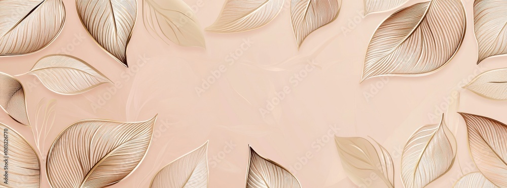 An elegant wallpaper design with a gold leaf design on a natural background. Leaves line arts are used for fabric prints and background textures, with a modern illustration. An elegant wallpaper design with a gold leaf design on a natural background. Leaves line arts are used for fabric prints and background textures, with a modern illustration.