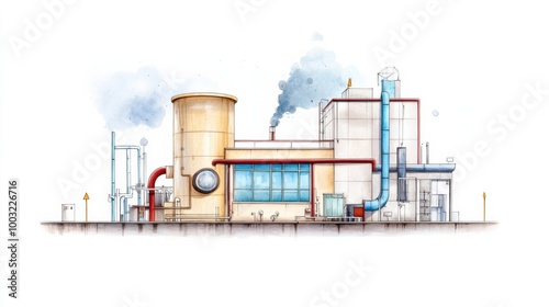 Industrial Factory Building with Smoke and Pipes