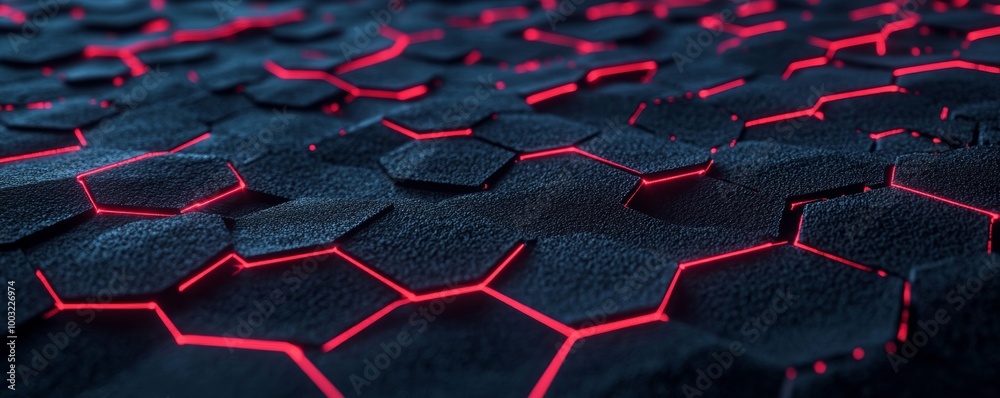 Fototapeta premium The modern luxury futuristic technology background is an abstract black grey metallic overlap red light hexagon mesh design.