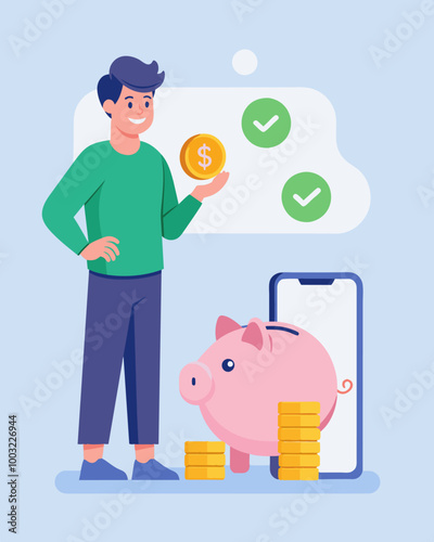 A person comparing the savings from using a traditional piggy bank versus a microsaving app.. Vector illustration