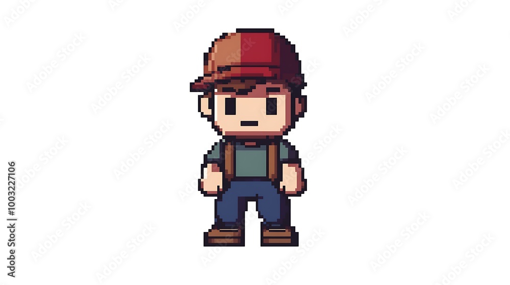 Pixel Art Character Sprite, Boy in Overalls with Cap, 8 Bit Pixel Art Character Sprite, Boy in Overalls with Cap, 8 Bit