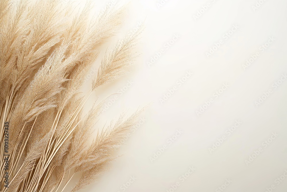 Grass reeds against a beige background. Beautiful pattern with neutral colors. Flat lay, top view, copy space. Set sail champagne trend color 2021. Grass reeds against a beige background. Beautiful pattern with neutral colors. Flat lay, top view, copy space. Set sail champagne trend color 2021.