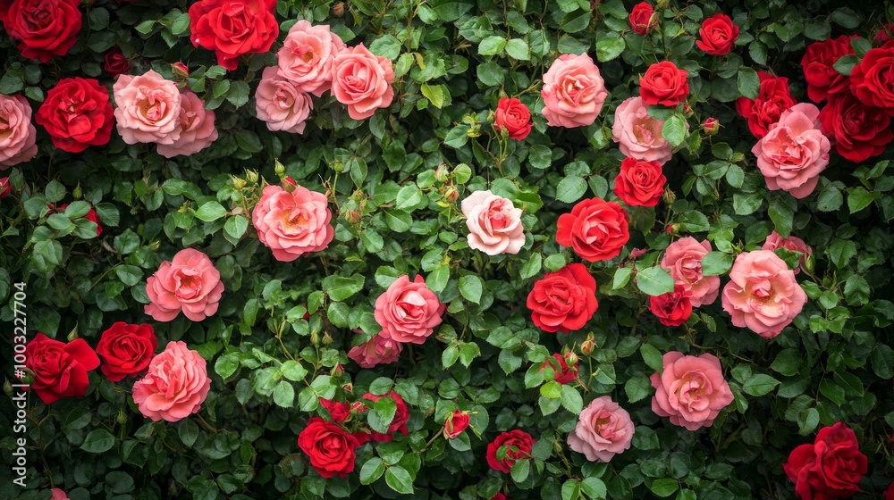 Fototapeta premium The background is made of colorful flowers. 3D render of a floral wallpaper with red roses.