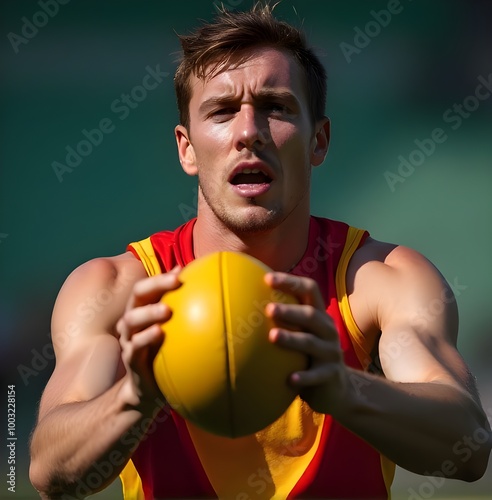 an australian rules football player closed-up catching the ball, perfect detailed hands and face photo