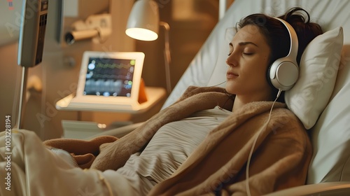 photo of a woman resting during a medical treatment with a cozy neck pillow, soft blanket, and headphones on