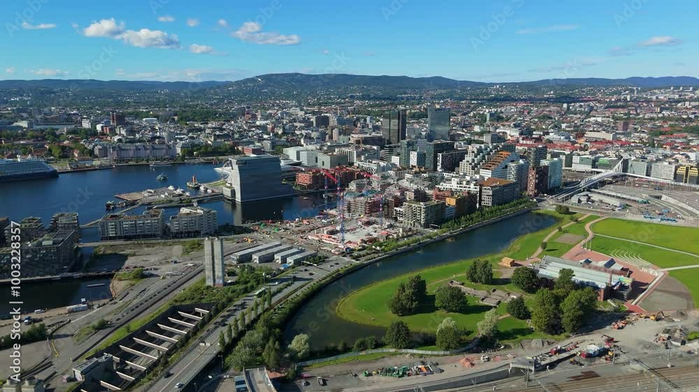 Oslo City Center, Norway on Summer Sunny Day. Aerial Drone Shot. Moving Forward, Tilt Up. Reveal Shot Oslo City Center, Norway on Summer Sunny Day. Aerial Drone Shot. Moving Forward, Tilt Up. Reveal Shot