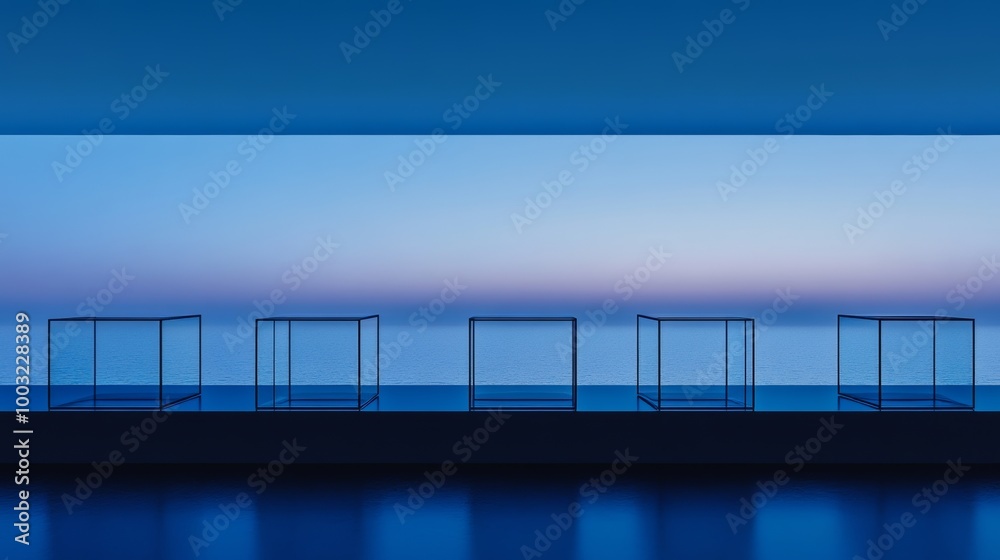 Three-dimensional rendering of translucent blocks on blue surfaces. Visionary tech concept with space for text. Three-dimensional rendering of translucent blocks on blue surfaces. Visionary tech concept with space for text.