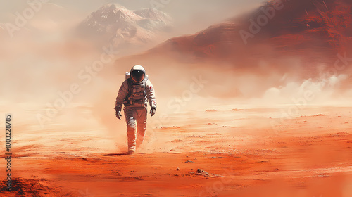 An astronaut walking across a windswept martian plain, with red dust swirling around them, distant mountains barely visible through the haze,. Wind-swept Plains. Illustration