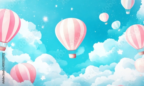 Wallpaper Mural A seamless wallpaper with hot air balloons for a baby room. Patterned wall paper in blue and beige pastel colors with clouds, rainbows, and mountains. Torontodigital.ca