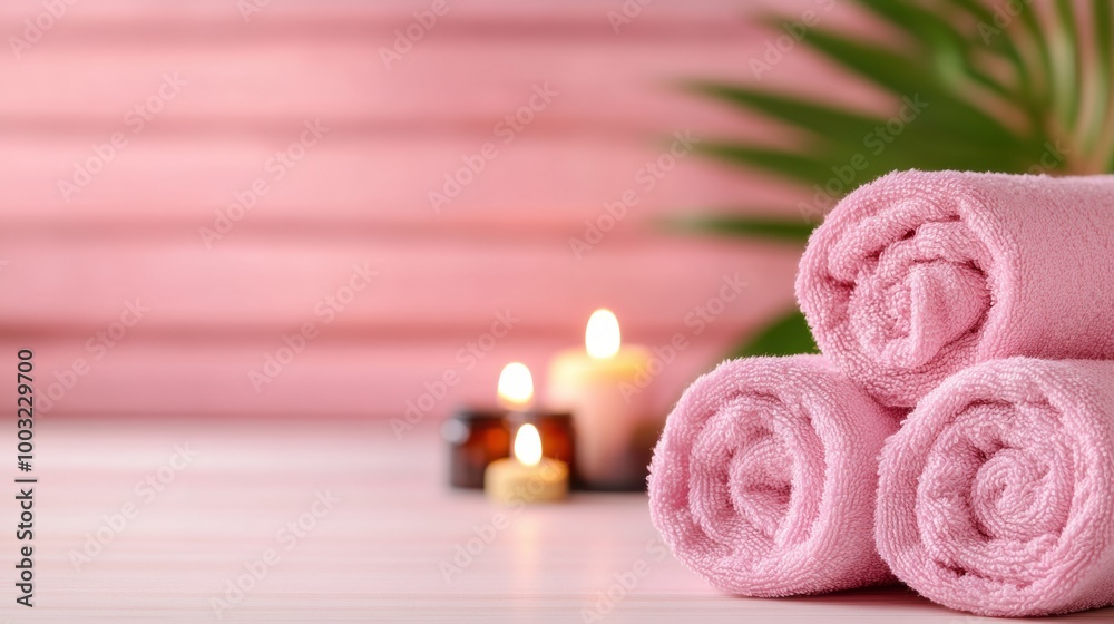 A group of three pink towels sitting on a table with candles, AI A group of three pink towels sitting on a table with candles, AI