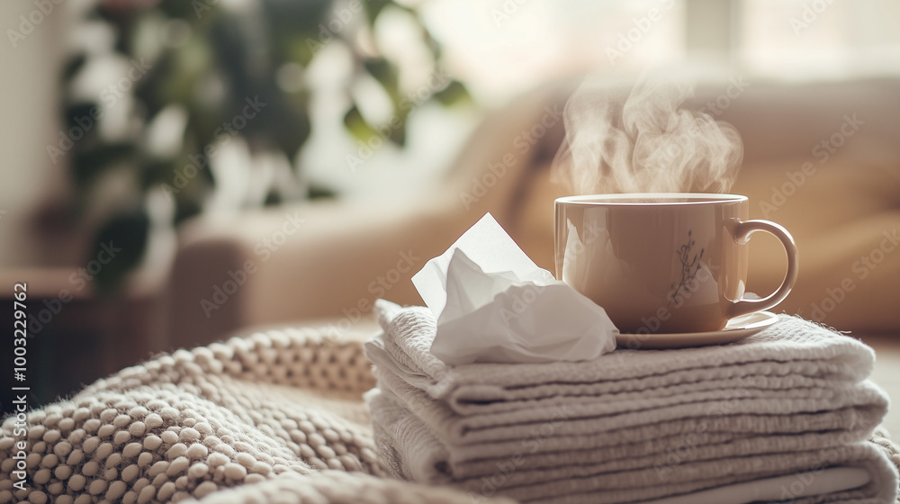 A stack of neatly folded tissues next to a steaming cup of herbal tea, with a blanket draped over a couch in the background, evoking the feeling of rest and recovery. A stack of neatly folded tissues next to a steaming cup of herbal tea, with a blanket draped over a couch in the background, evoking the feeling of rest and recovery.