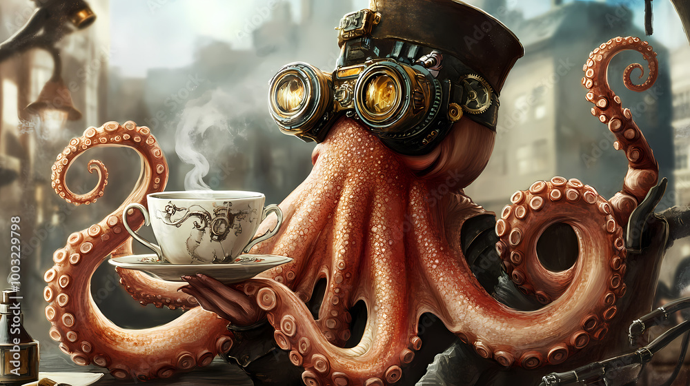 Fototapeta premium An octopus wearing a steampunk hat and goggles, holding a teacup in a whimsical setting. Steampunk Invention. Illustration