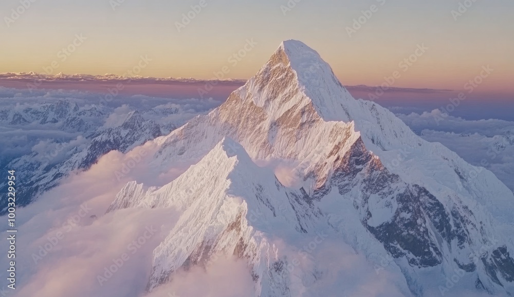 Naklejka premium Stunning sunset view of Mount Everest in the Himalayas - Volcano peaks rise above the rolling fog as the peaks of the Himalayas are reflected in the sky.