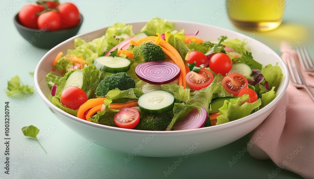 Fresh salad with colorful vegetables in white bowl, on pastel background Fresh salad with colorful vegetables in white bowl, on pastel background