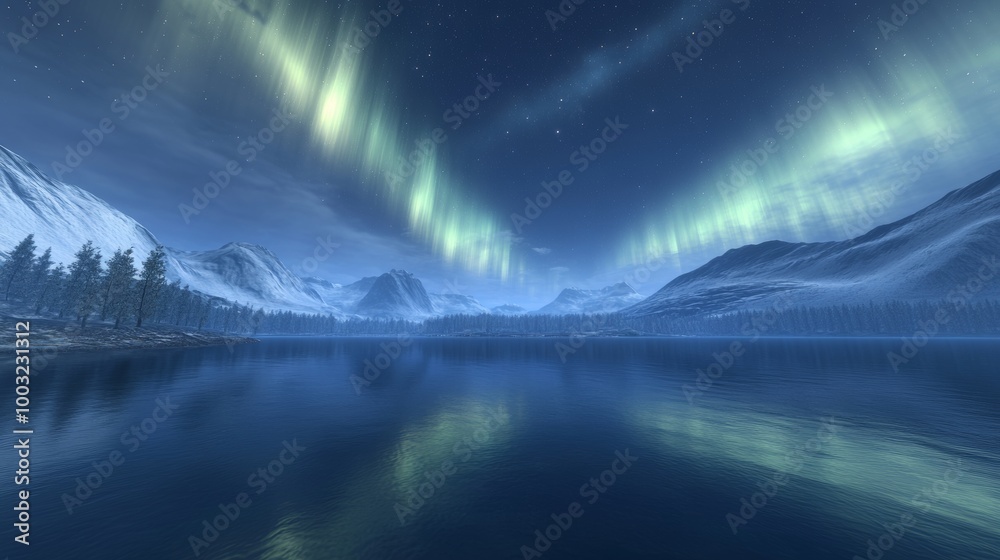 Aurora Lights floating over a winter landscape. A beautiful banner featuring the Northern Lights. Aurora Lights floating over a winter landscape. A beautiful banner featuring the Northern Lights.