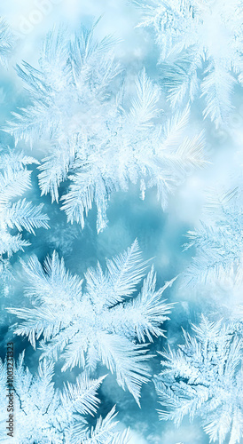 Texture of ice patterns on glass in winter frost. Christmas background with frosty pattern. Winter background concept.