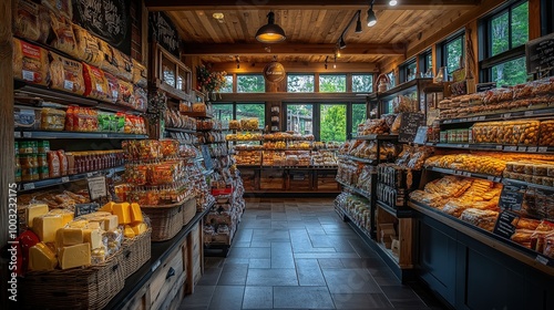 Bright Grocery Store Aisle with Well-Organized Shelves of Products