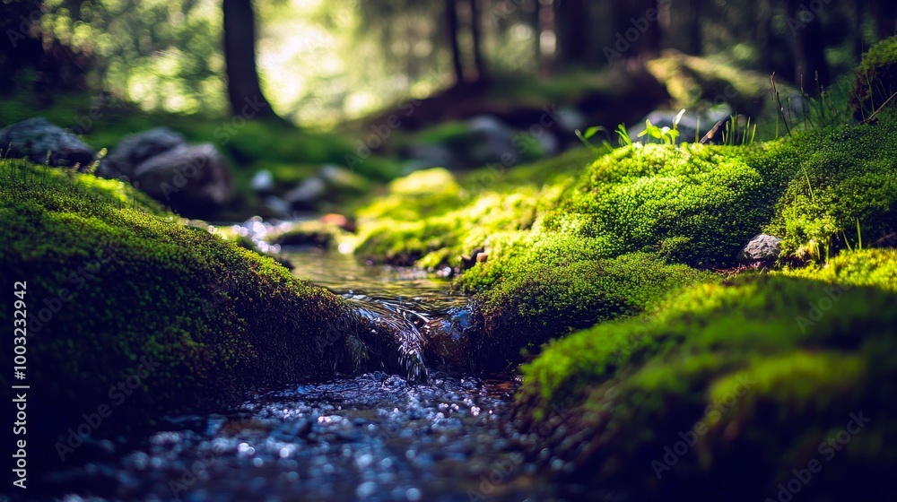 Moss growing on the shaded side of a rocky stream bank Moss growing on the shaded side of a rocky stream bank