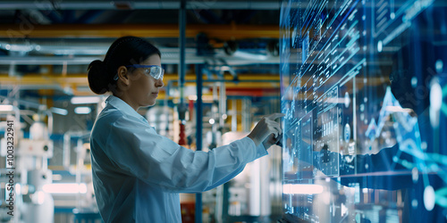 Engineer interacting with digital interface in factory, High-tech industrial environment 