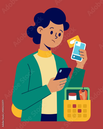 A person nervously checking their bank account balance while waiting in line at the grocery store hoping they have enough funds to cover their purchases.. Vector illustration