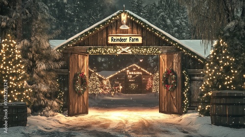 Enchanting Christmas Scene: Rustic Wooden Barn Doors Open to a Snowy Reindeer Farm Adorned with Wreaths, Garlands, and Twinkling Fairy Lights Amidst Douglas Fir Trees