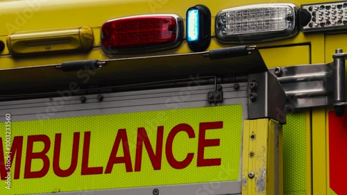 British NHS Paramedic, Medical Transport, Prehospital Care First Responder, Emergency Response Ambulance Vehicle Text Sign, Strobe Lights, London, England, United Kingdom, UK